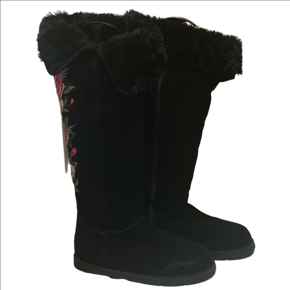 🌹ED HARDY CHRISTIAN AUDIGIER Y2K BLACK SUEDE BOOTS WITH PINK TATTOO ROSE DESIGN - Picture 3 of 12